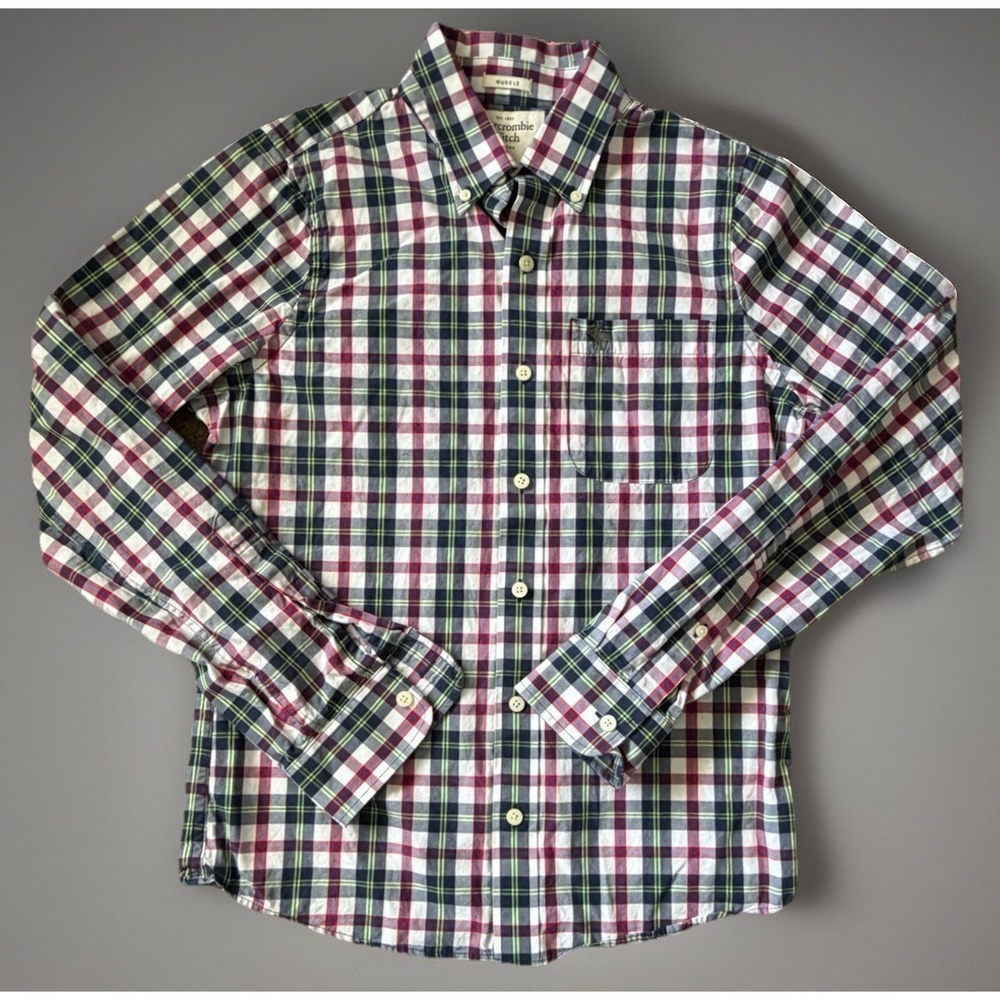 Abercrombie & Fitch Long Sleeve Button Up Shirt Red Blue Y2K Logo Medium JBHS